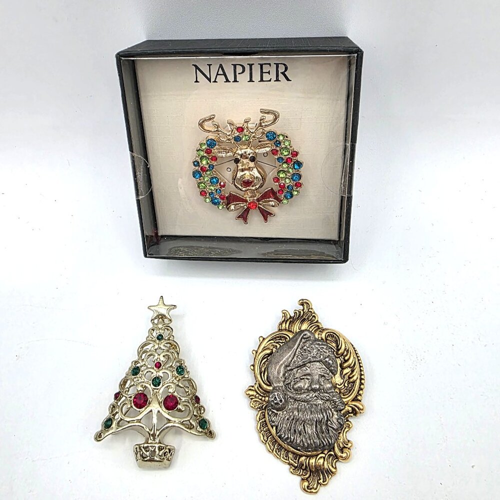 Vintage Collection 3 Novelty Christmas Brooch Pins Pendants Tree Santa Reindeer